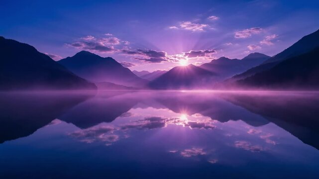 Sunset over mountains with lake reflection and purple sky hues