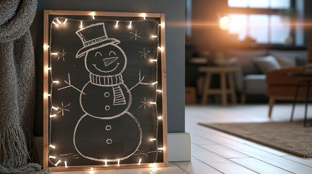 Chalkboard drawing featuring smiling snowman decorated with festive string lights in cozy holiday home interior corner