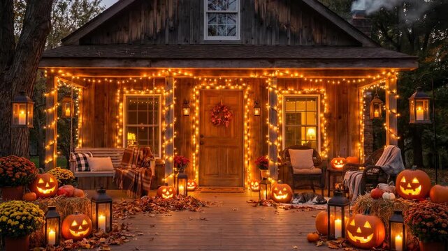 Cozy Wooden Porch with Warm String Lights, Lanterns, and Cheerful Pumpkins for Autumn Vibes
