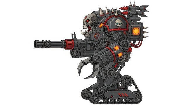 Futuristic Combat Mech Robot with Skull Head, Gatling Gun, and Missile Launcher on Tank Treads - Isolated Illustration