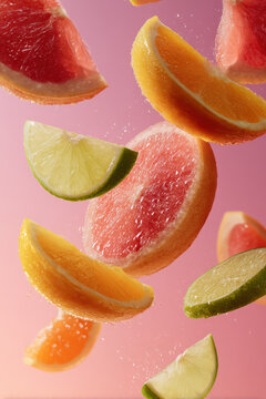 Assorted fresh fruit slices floating mid-air in a dynamic, minimalist composition