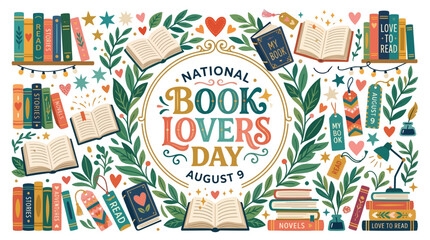 Fototapeta premium Celebration of national book lovers day with colorful books leafy accents hearts and decorative elements for august 9 with cheerful design celebrating