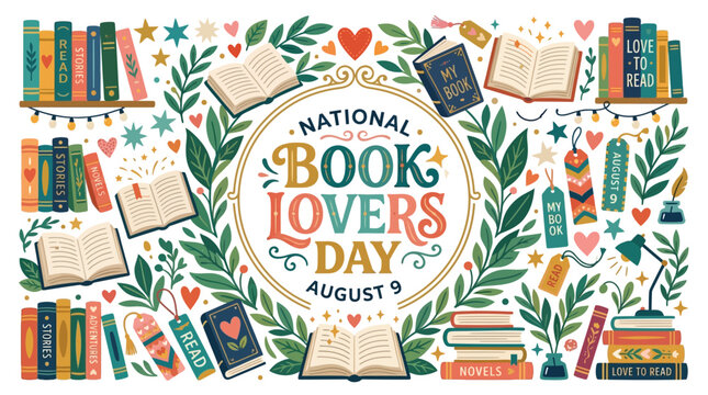 Celebration of national book lovers day with colorful books leafy accents hearts and decorative elements for august 9 with cheerful design celebrating