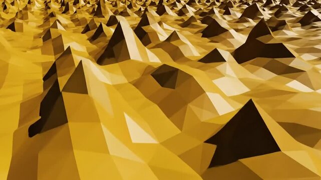 Abstract golden low poly digital landscape with stylized geometric mountains and hills, futuristic 3d rendering