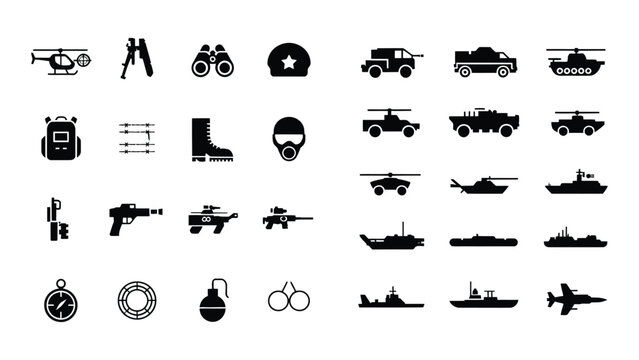 Set of black military equipment and vehicle icons for tactical defense with tactical gear white background