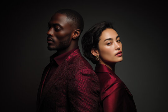 Elegant man and woman posing back to back in burgundy tailored outfits, leaning on each other. Dark and moody fashion shoot