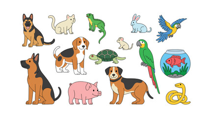 Diverse collection of cartoon pets and farm animals in various poses and sizes