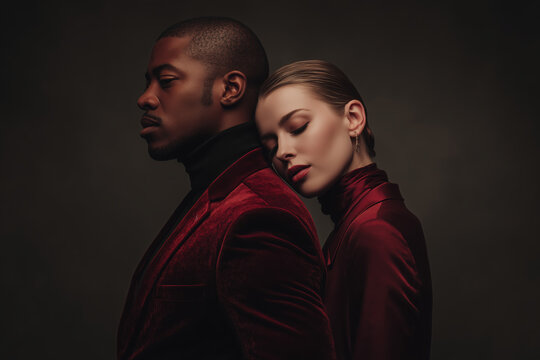 Elegant man and woman posing back to back in burgundy tailored outfits, leaning on each other. Dark and moody fashion shoot