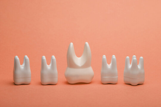 Plastic models of teeth on a pink background