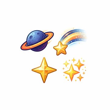 Magical space and astronomy icons set with planet saturn, shooting star and sparkles