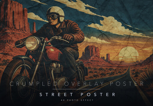 Crumpled Paper Poster Photo Effect Template - Creased Wrinkled Grunge Street Poster Overlay Texture Print Look
