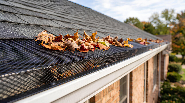 Mesh Gutter Guard Installed Along Roofline with Leaves on Top Protection