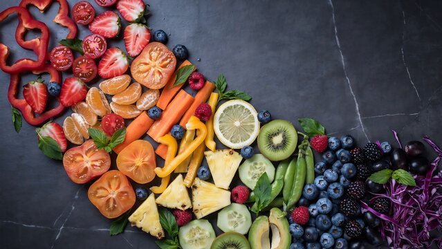 Assorted fresh vegetables and herbs in black bowl on patterned cloth