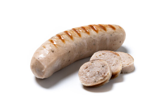 Grilled German bratwurst sausages isolated on white background