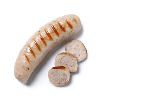 Grilled German bratwurst sausages isolated on white background