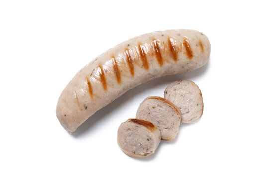 Grilled German bratwurst sausages isolated on white background