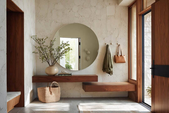 Trendy mid-century modern entry hall with a walnut console table, round mirror, ceramic decor, and natural materials.