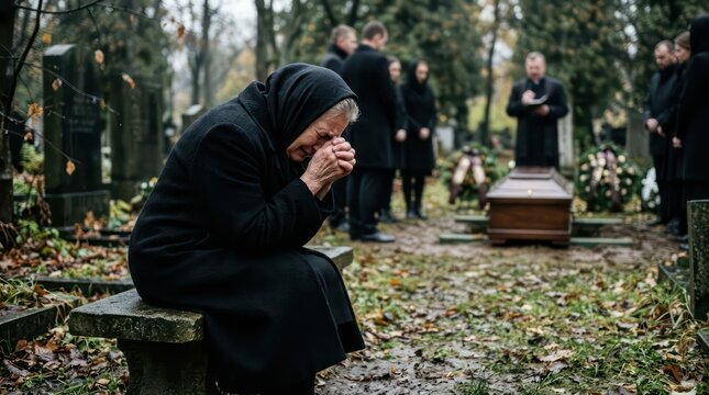 woman in black grieving at funeral.