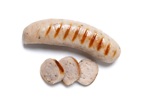 Grilled German bratwurst sausages isolated on white background