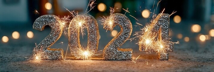Obraz premium Glittering Silver 2024 Numbers Decorated With Bright Sparklers Against Seasonal Blurred Bokeh Bokeh.