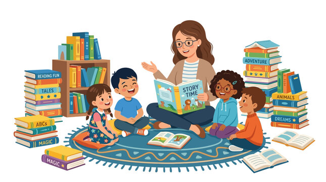 Children enjoying storytime with books and a female librarian in a cozy reading space with surrounded stacks colorful inviting library setting
