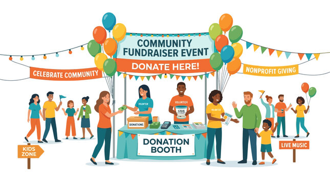 Community fundraiser event with donation booths kids zone live music with nonprofit activities diverse attendees depicts lively community community engagement