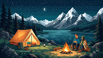 Serene night camping scene with cozy tent and warm fire by mountain lake in a forested wilderness with two friends enjoying peaceful mountain landscape snow capped peaks starry sky © Shoaib