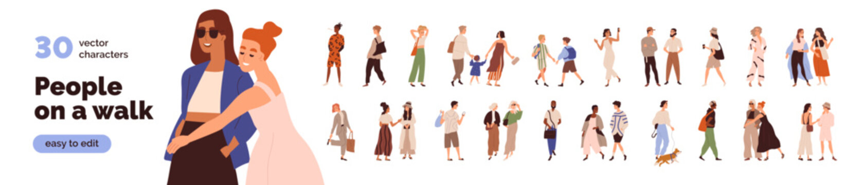 Happy people on a walk set. Friends, couples, families, kids strolling on city street, meeting, talking outdoors. Modern casual life of citizens. Flat vector illustration isolated on white background