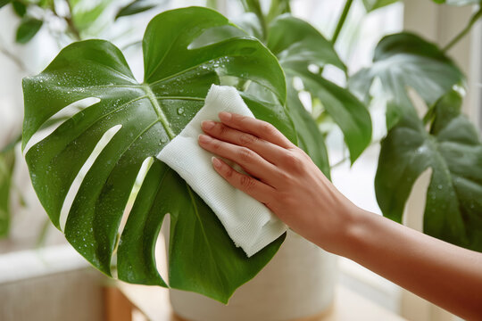 Young woman gently cleaning a monstera leaf with a damp cloth in a bright modern home. Fresh green foliage, natural light, and realistic textures create a clean, contemporary houseplant care