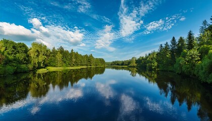 Obraz premium Beautiful Reflection Of Blue Sky And Wispy Clouds In A Calm River Surrounded By Green Trees
