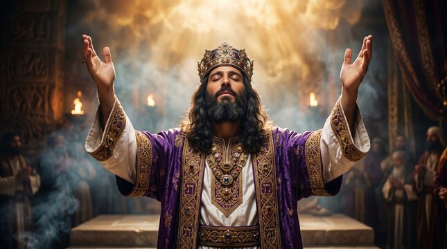King Solomon dedicating the Temple with arms raised in prayer. Ancient biblical religious ceremony. Divine light and smoke in the holy place