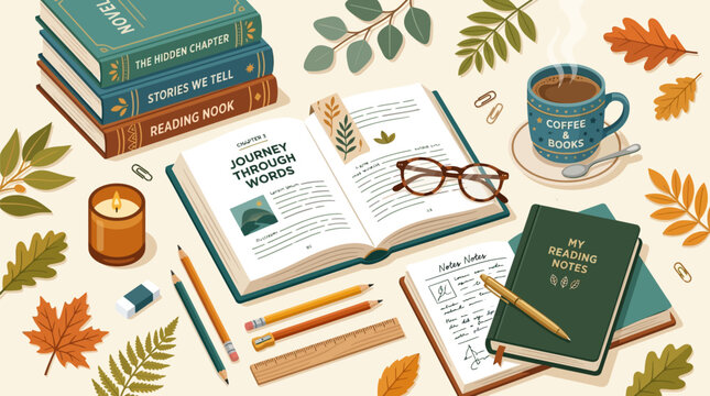 Cozy autumn book lover essentials flat lay with open books reading glasses coffee mug candles with autumnal elements perfect book lovers during fall
