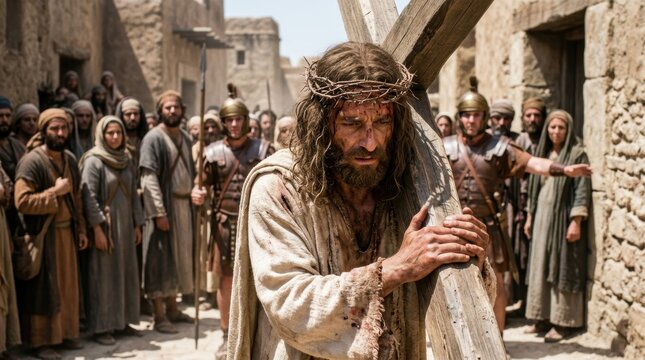Jesus Christ carrying the wooden cross through Jerusalem. Man with crown of thorns and blood on face. Biblical scene of the passion and crucifixion