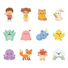 Obraz premium Cute cartoon characters including children animals monsters and nature elements on white background