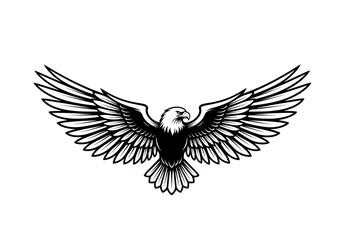 Fototapeta premium Black silhouette of a soaring bald eagle with wings spread isolated on transparent background, isolated on white background