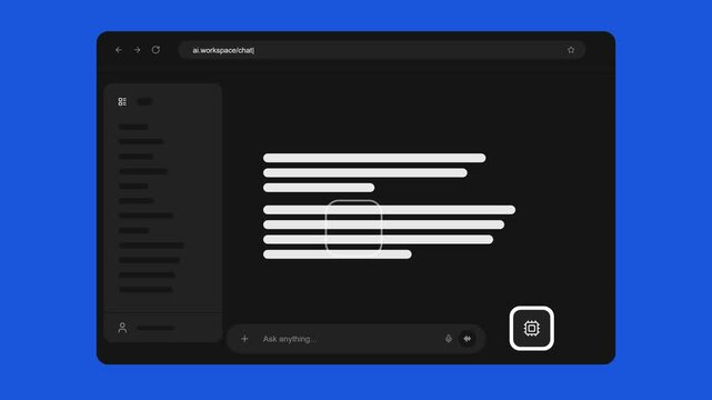 AI Search Dashboard UI with populating data lines and interactive assistant bot icon on blue background.