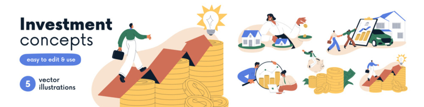 Investment, financial literacy and wealth strategy concept set. Planning budget, investing in real estate, houses, saving money, growing capital. Flat vector illustrations isolated on white background