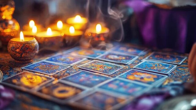 Woman reading tarot cards by candlelight in mystical setting. The concept of mysticism, rituals, astrology, fortune-telling, shamanism, tarot, seers, clairvoyants