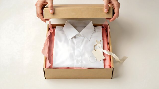Open cardboard shipping box with neatly folded white clothing and premium packaging presentation