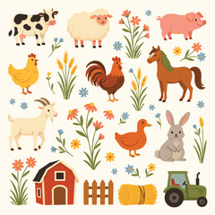 Fototapeta premium Farm animals plants flowers barn tractor hay bale and fence on light background