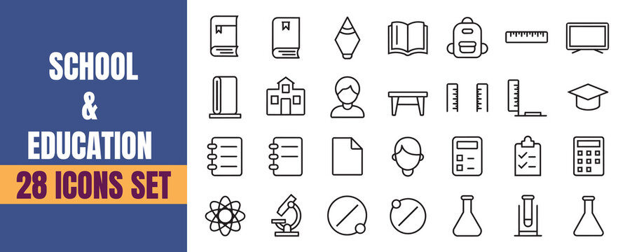 School and education icon set with various related symbols including book, school building, person, ruler, calculator, and more