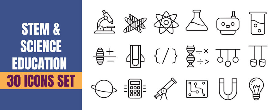 STEM science education icons set, outline clean minimal stroke vector icons pack, lab atom coding math learning ui icon set modern clean high contrast editable icon pack