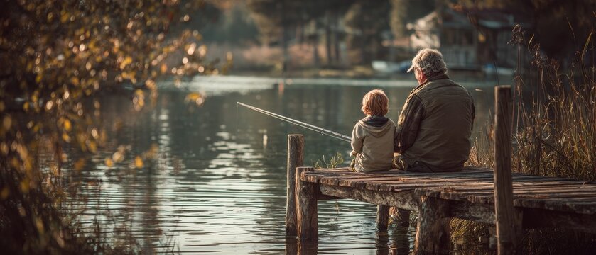 Grandfather and grandson fishing together on a wooden dock with the background blurred by autumn leaves.