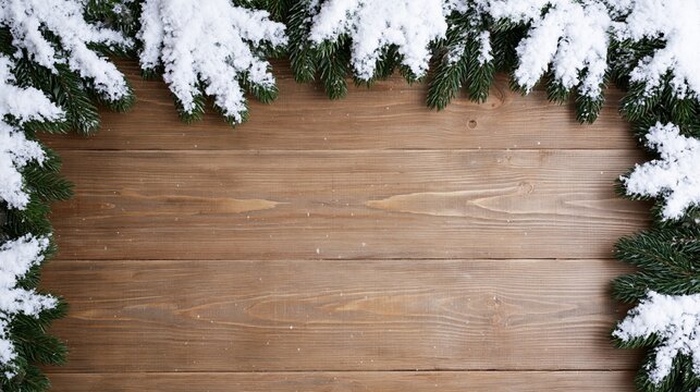 Rustic wooden plank background framed by snow covered evergreen branches for Christmas and winter holidays