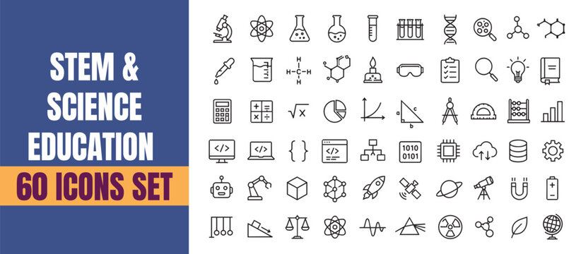 STEM science education icons set, outline clean minimal stroke vector icons pack, lab atom coding math learning ui icon set modern clean high contrast editable icon pack