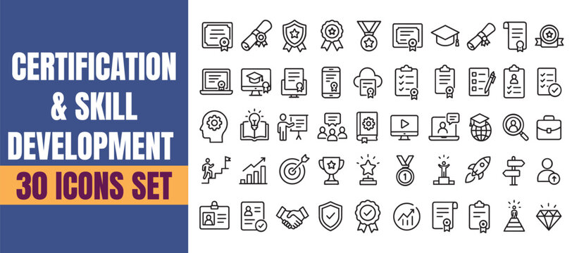 Certification skill education icons set, clean outline minimal stroke vector icons collections, training achievement diploma learning ui icon set modern clean high contrast editable icon pack