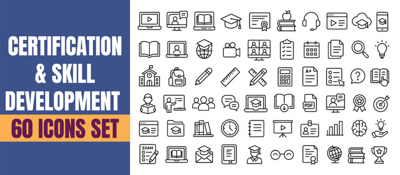 Certification skill education icons set, clean outline minimal stroke vector icons collections, training achievement diploma learning ui icon set modern clean high contrast editable icon pack