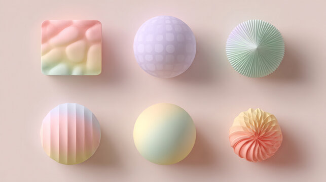Set of six abstract 3D pastel geometric objects on pink background
