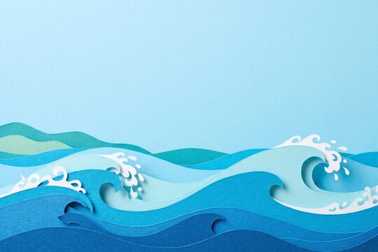 Paper Cut Ocean Waves Background and Blue Sea Landscape