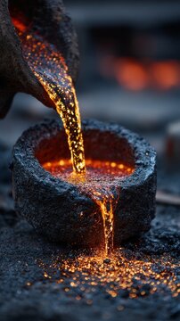 Molten metal pours from a crucible into a rough mold, illuminating the dark industrial background.